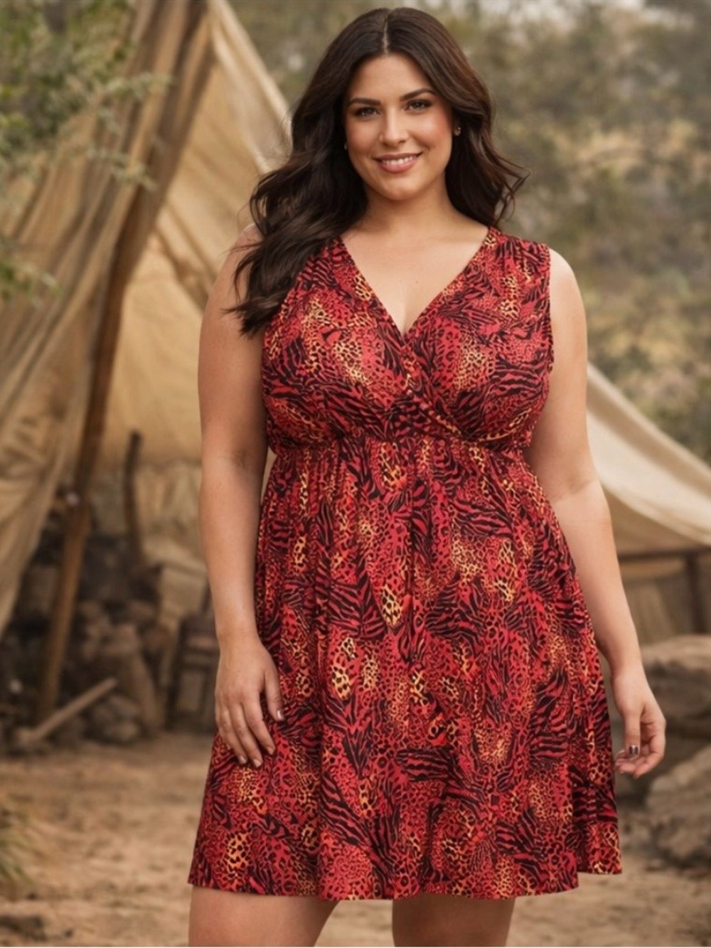 Lane Bryant Red Animal Print Faux Wrap Dress Sleeveless V-Neck Flowy 28 4X